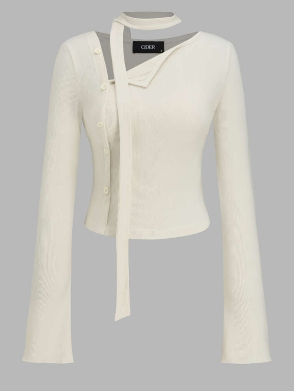 Cider Asymmetrical Ribbed Long Sleeve Cropped Scarf Top Bell Sleeves Tee Beige